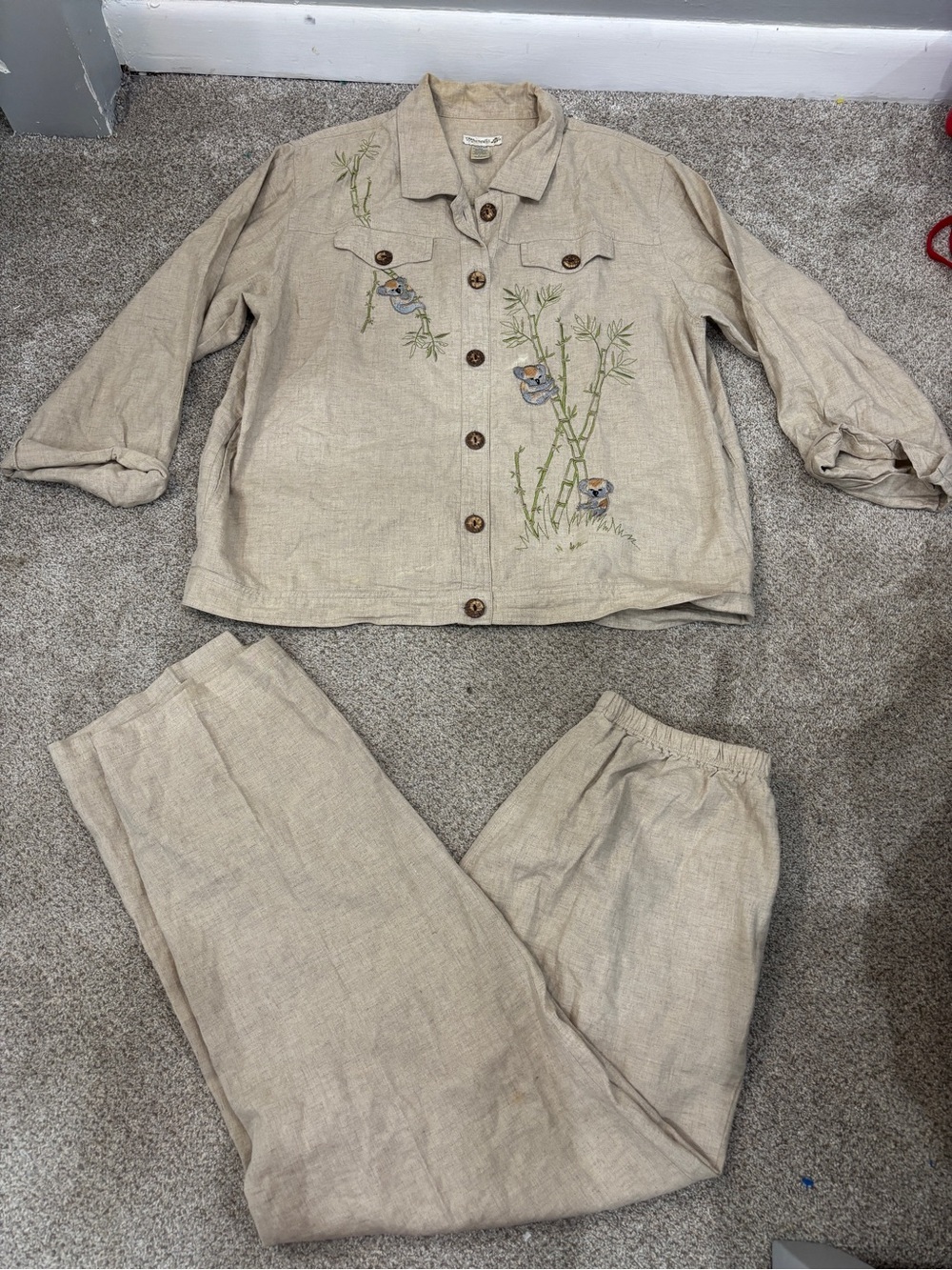 Vintage Mureli Linen Blend Embroidered Koala 2 piece set button down wide leg L